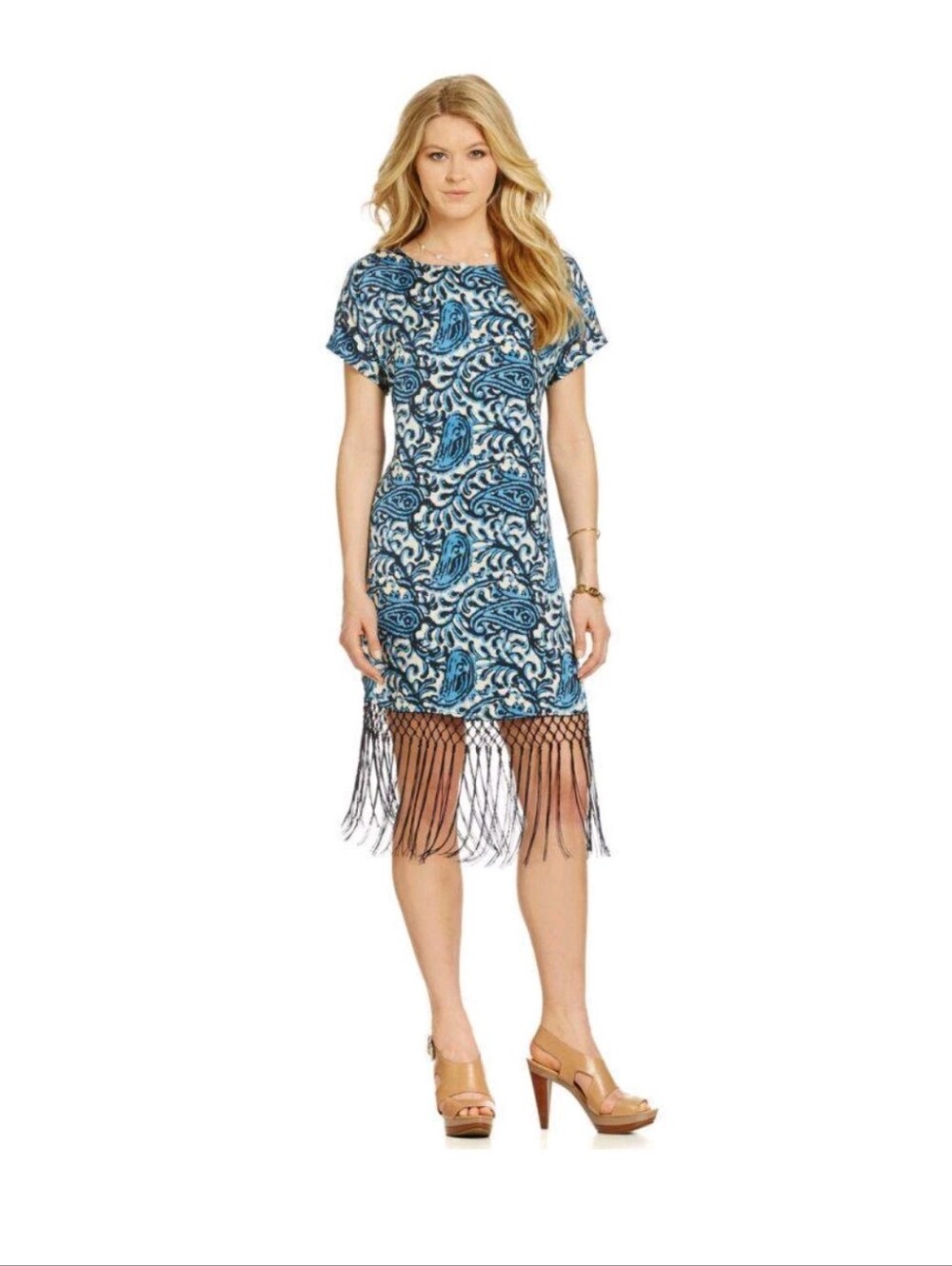 MICHAEL MICHAEL KORS Kathumar Paisley Fringe Dress Heritage Blue Sz M